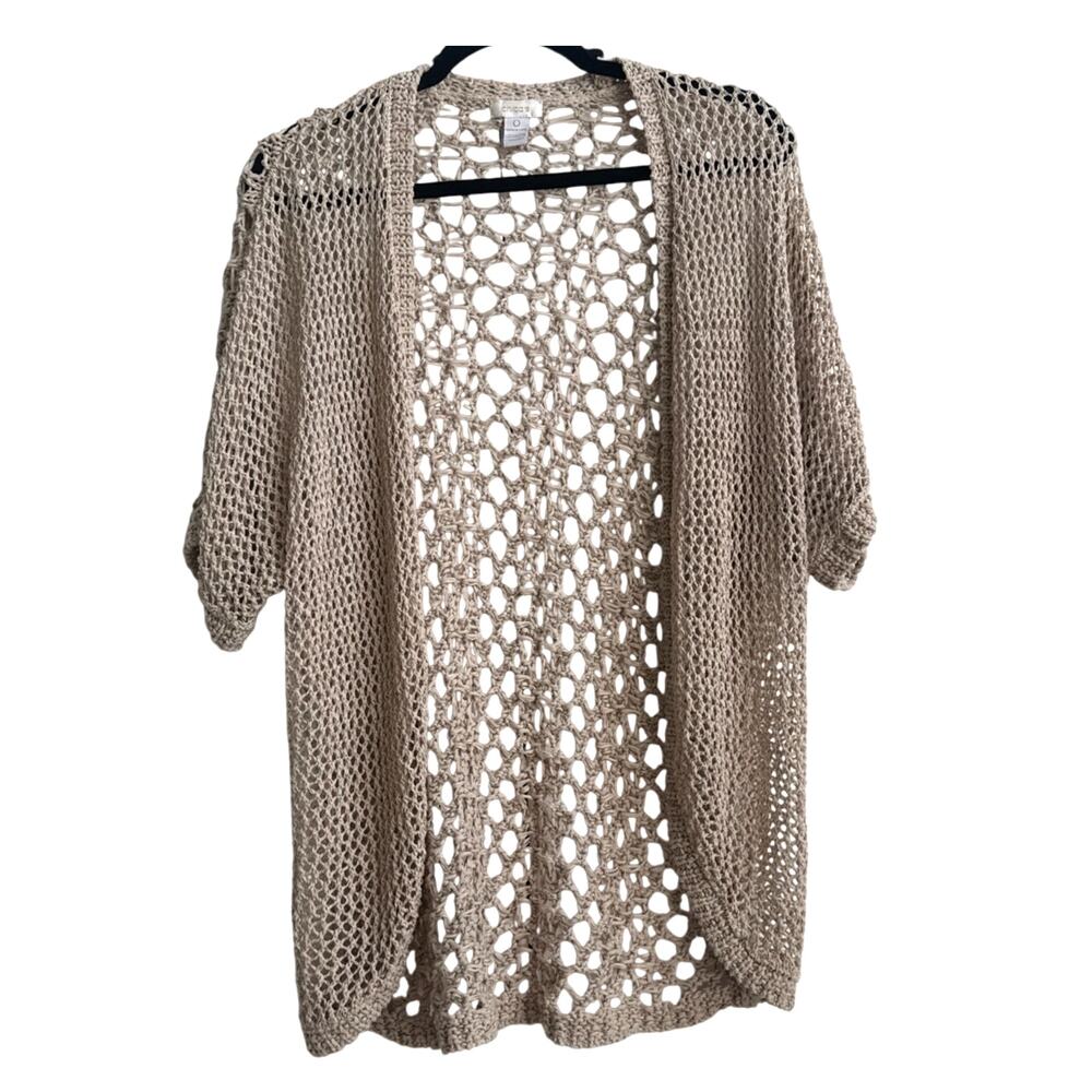 Chicos Beige Open Front Crochet Cardigan